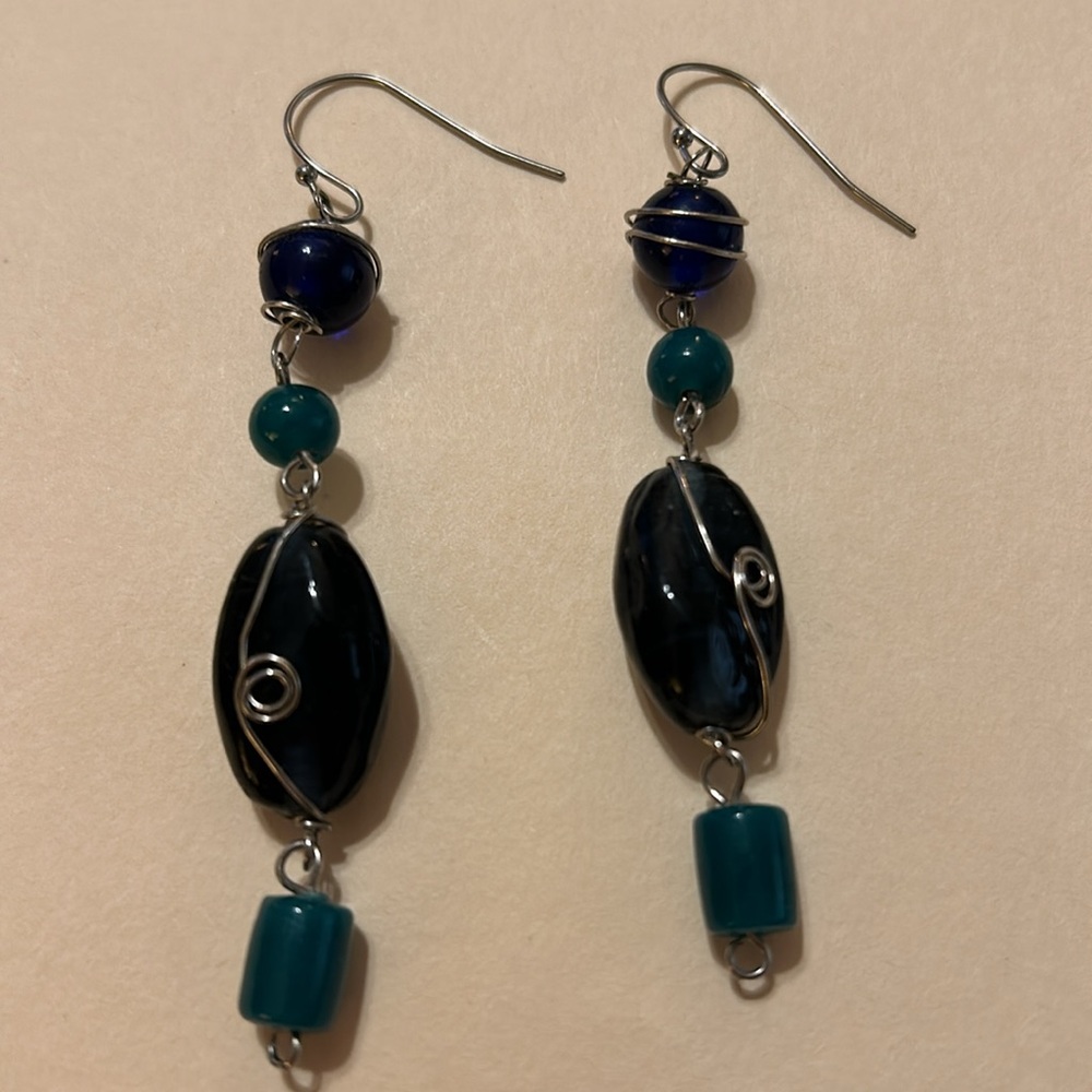 Handmade Vintage Blue and Green Dangle Earrings - Picture 2 of 3